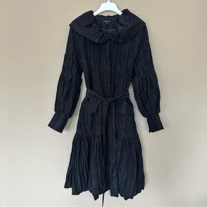 Samuel Dong Women Black Long Sleeve Pocket Dress Coat Crinkle Collar Tiered